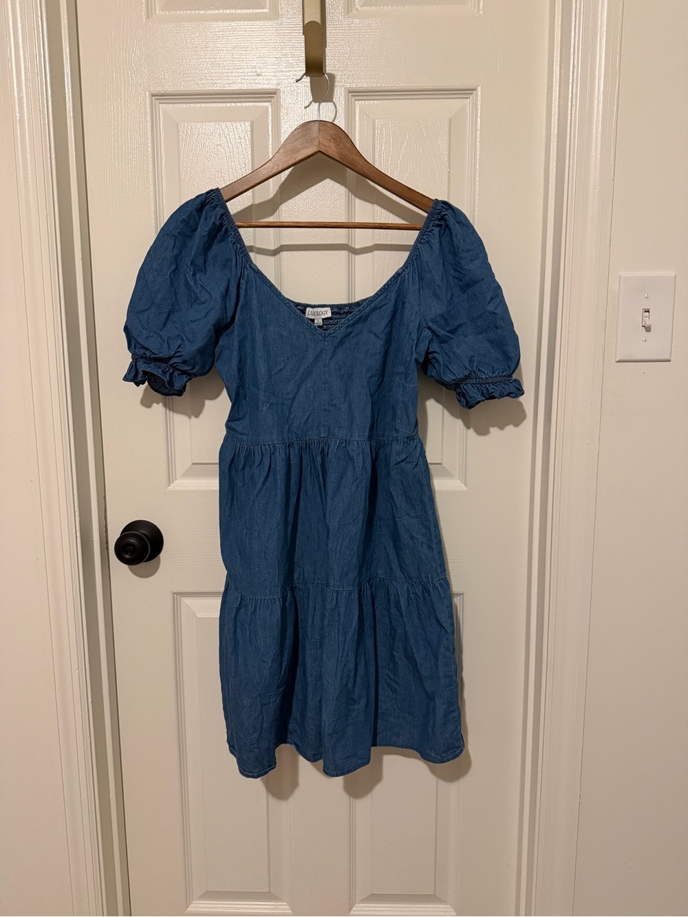 Blue Puff-Sleeve Tiered Women's Dress